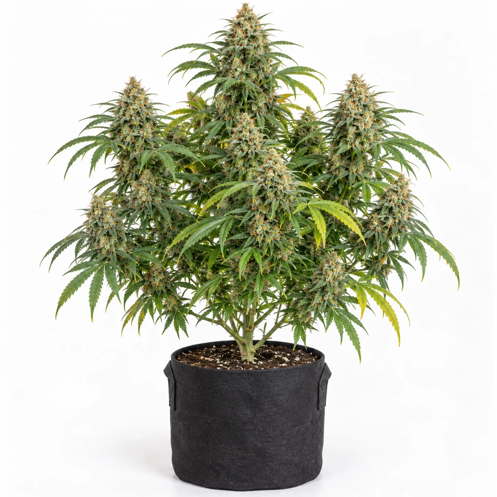 Ilustración de una planta de cannabis para la ficha de Somango XXL Feminizada, con flores alargadas y maceta negra con asas.