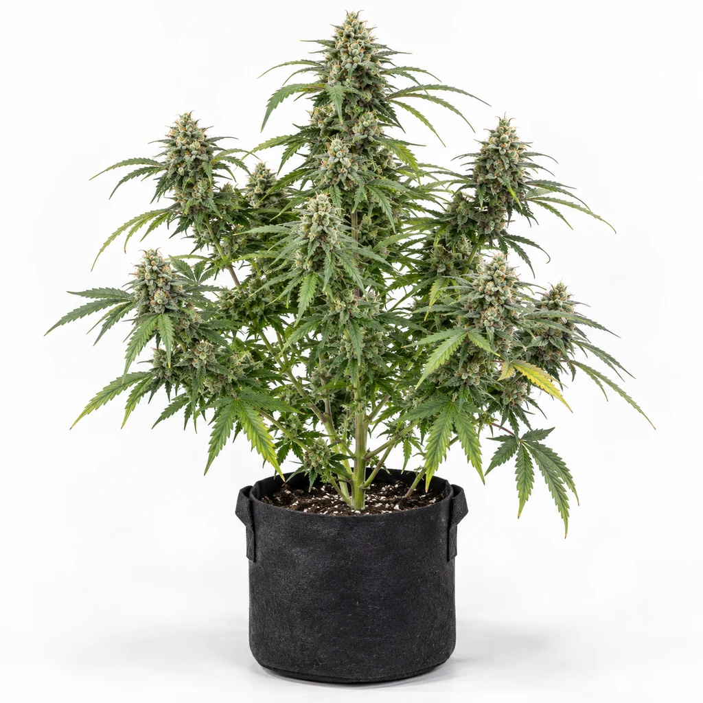 Ilustración de una planta en floración para la ficha de S.A.G.E CBD Feminizada, con cogollos alargados y maceta negra sobre fondo blanco.