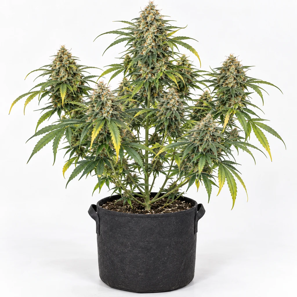 Ilustración de planta en maceta negra con varias colas florales y hojas verdes y amarillas, para la ficha de Cash Cow Feminizada.