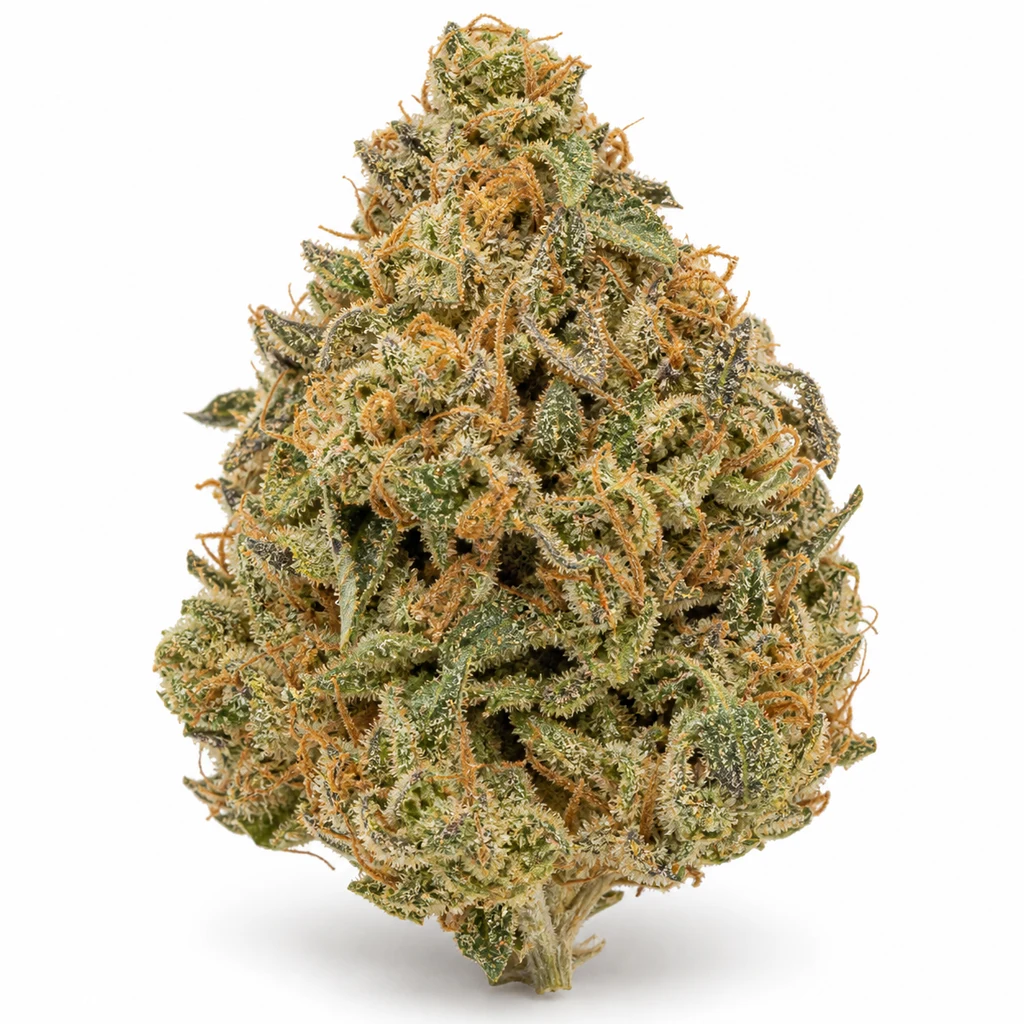 Ilustración de un cogollo alargado verde con filamentos naranjas para la ficha de Arjan Ultra Haze #1 Feminizada – Green House Seeds.