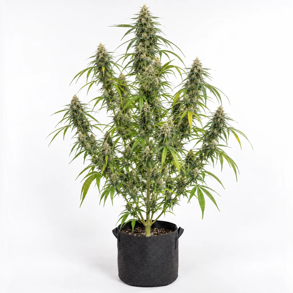 Ilustración de una planta en floración para la ficha de Arjan Ultra Haze #1, con ramas alargadas y hojas estrechas en maceta negra.