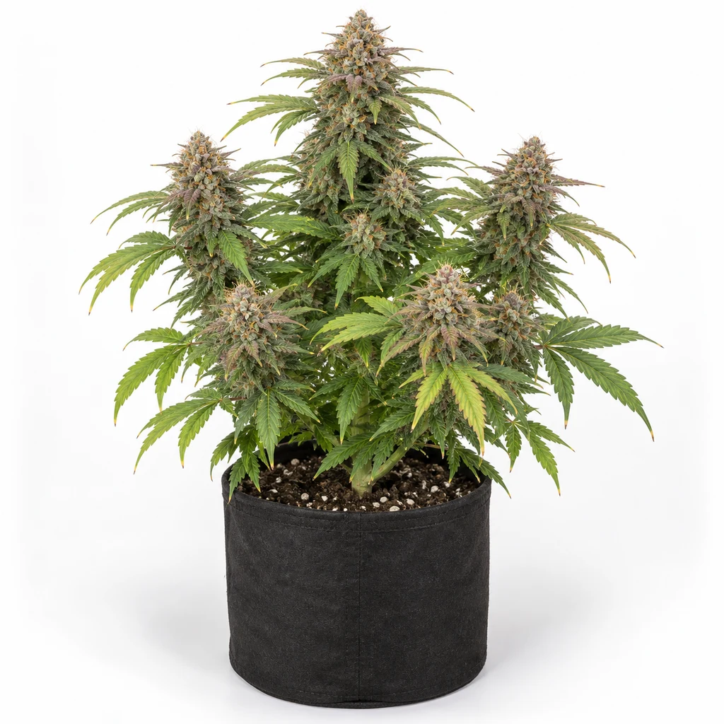 Ilustración de una planta de cannabis con flores abundantes en maceta negra, para la ficha de Strawberry Cream Auto de DaHood Urban Seeds.