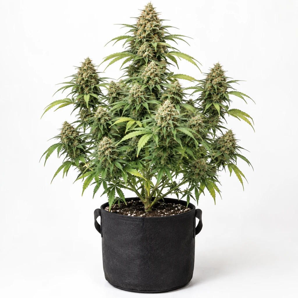 Ilustración de una planta en floración para la ficha de Northern Light Auto, con cogollos y hojas verdes en una maceta negra.