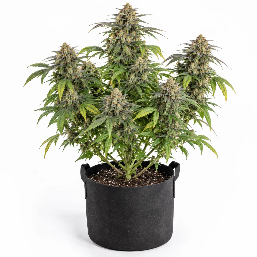 Ilustración de una planta en floración para la ficha de Auto Glueberry OG, con cogollos voluminosos en maceta negra sobre fondo blanco.