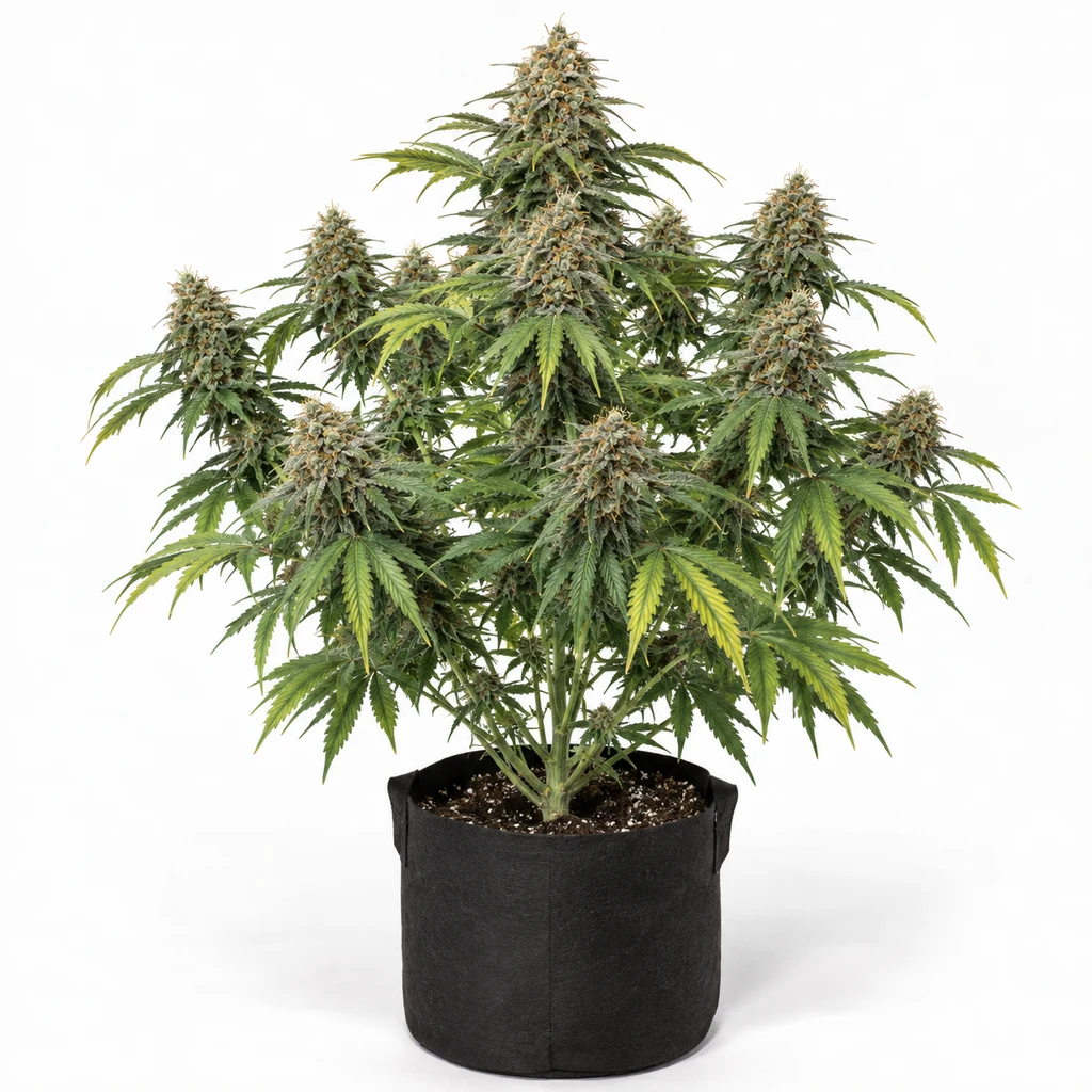Ilustración de una planta de cannabis en floración para la ficha de Gorila Regular de Pyramid Seeds, en maceta textil negra sobre fondo blanco.