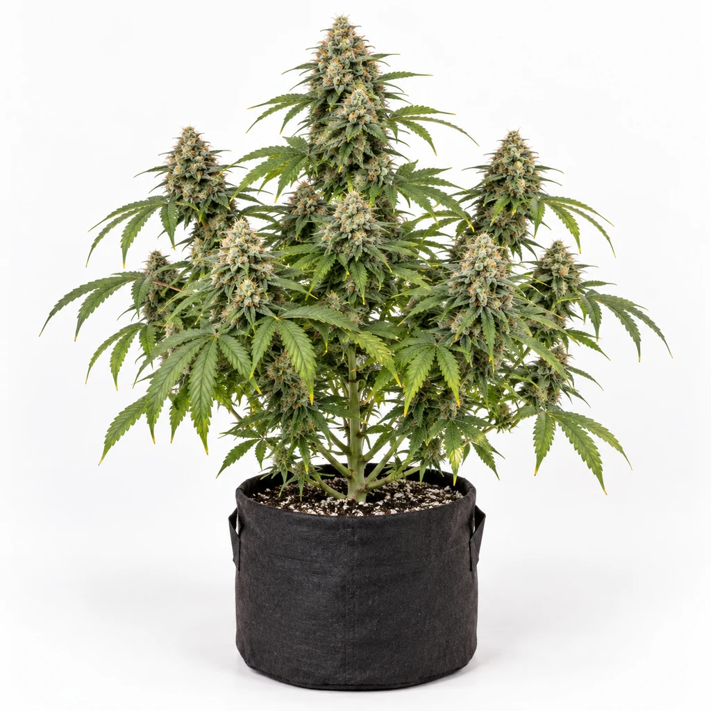Ilustración de una planta de cannabis en floración para la ficha de Auto Critical Hog, con cogollos y maceta negra sobre fondo blanco.
