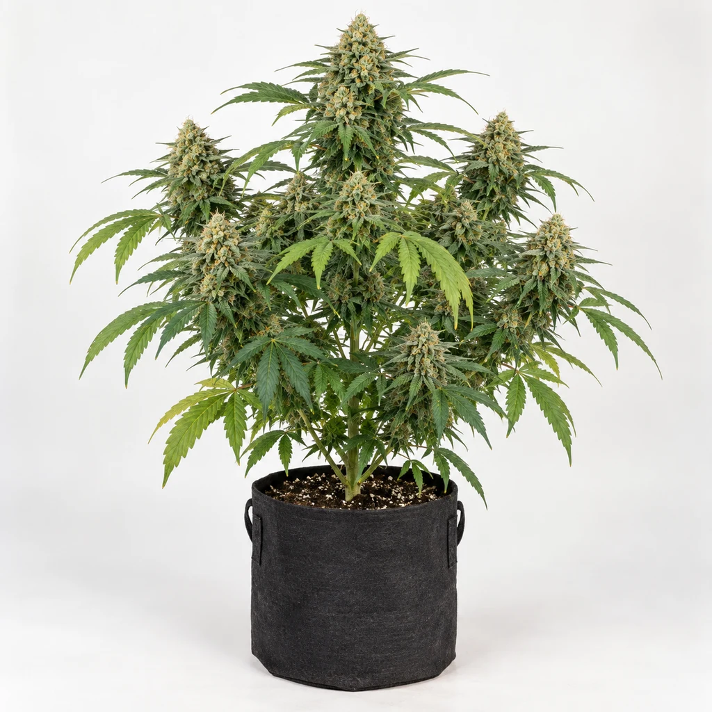 Ilustración de una planta de cannabis con varias ramas floridas en maceta negra, para la ficha de Skunk 1 Feminizada de G13 Labs.
