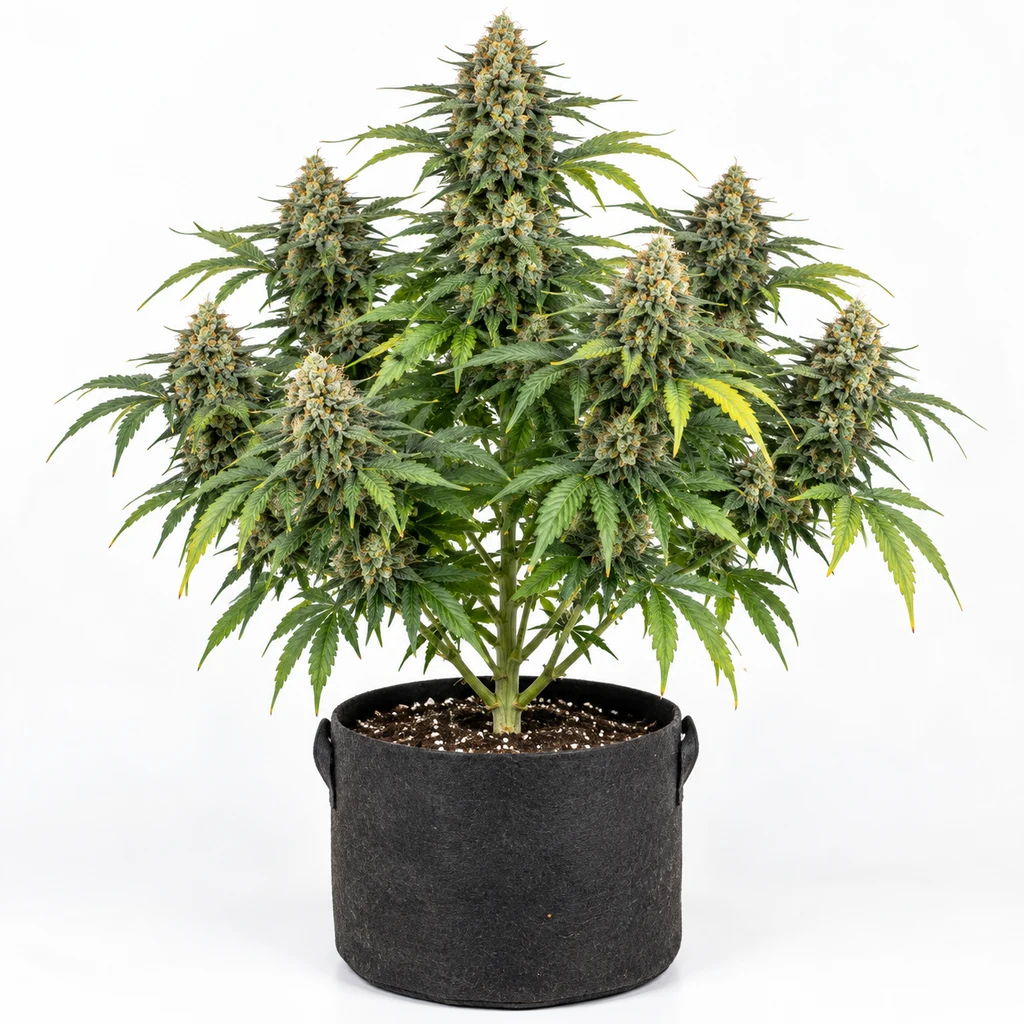 Ilustración de una planta en floración en maceta negra, con varias colas florales, para la ficha de Tahoe Bilbo Feminizada de Genehtik Seeds.