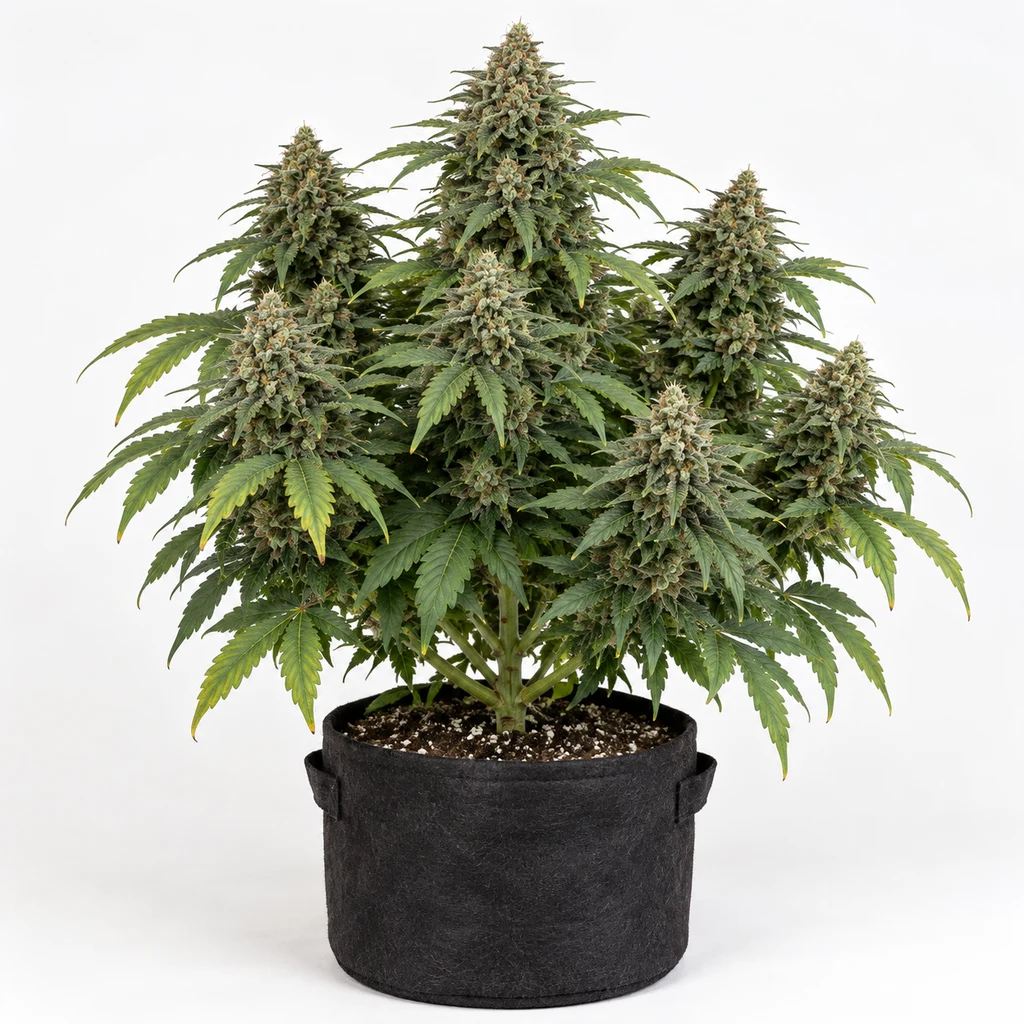 Ilustración de una planta de cannabis en floración para la ficha de Master Kush, con varios cogollos y maceta negra sobre fondo blanco.