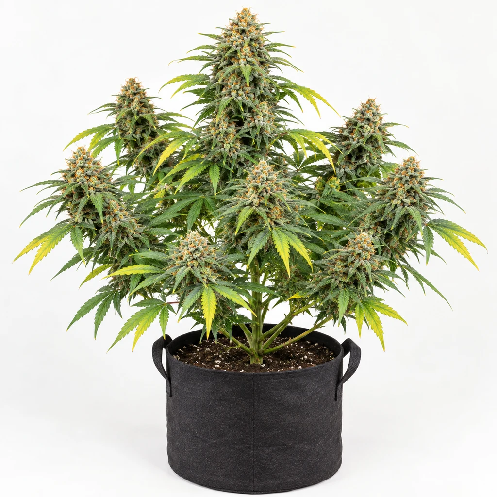 Ilustración de cannabis en floración para la ficha de Mandarine Cream Auto, con flores abundantes y hojas verdes y amarillas en maceta negra.