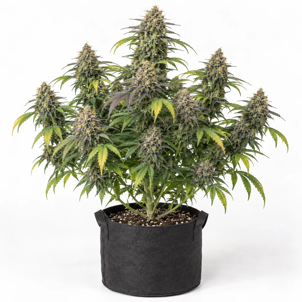 Ilustración de una planta en floración para la ficha de Alien Candy Kush Autofloreciente, con abundantes cogollos en maceta negra.