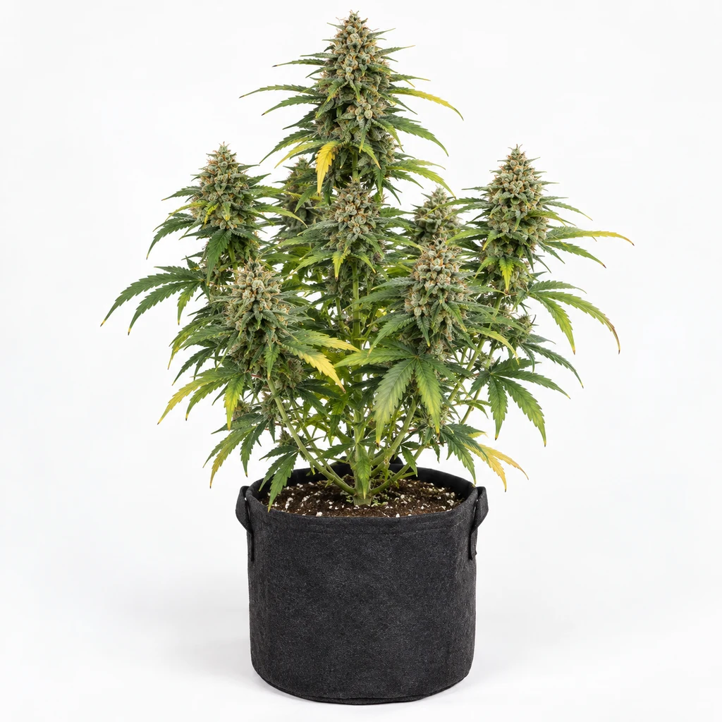 Ilustración de una planta de cannabis para la ficha de Med Gom 1.0, con flores alargadas y hojas verdes y amarillas en maceta negra.