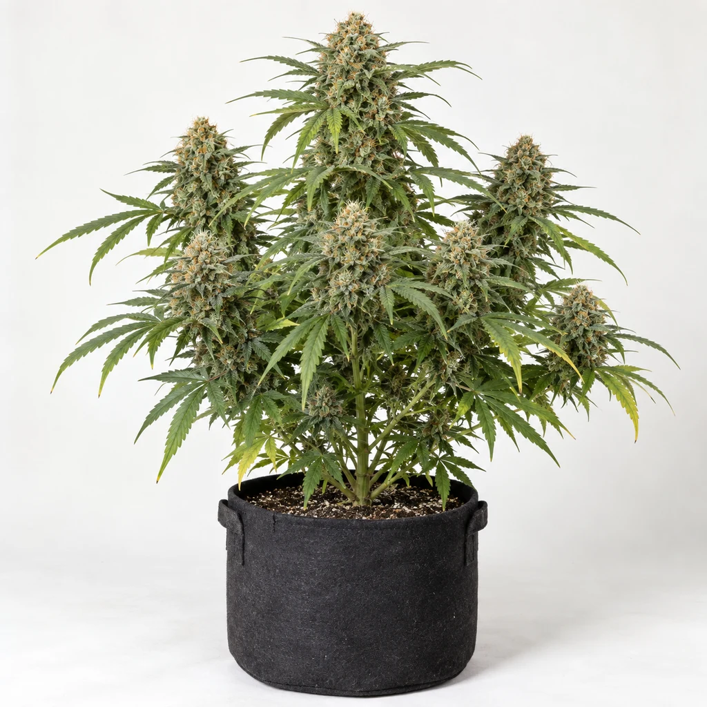 Ilustración de una planta ramificada con cogollos y hojas verdes en maceta negra para la ficha de Nordle Regular.