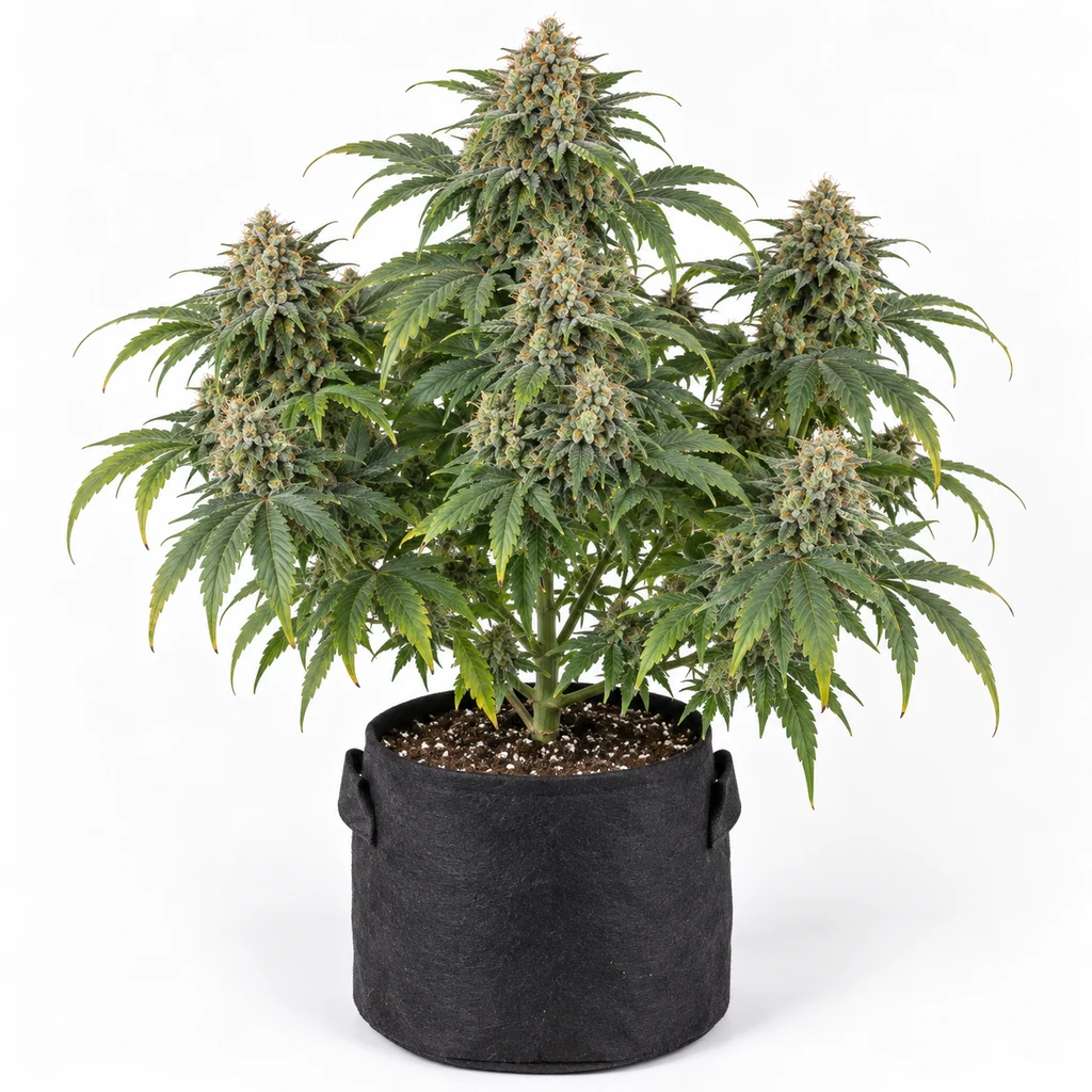 Ilustración de una planta de cannabis en floración para la ficha de Northern Lights, con cogollos voluminosos en maceta negra sobre fondo blanco.