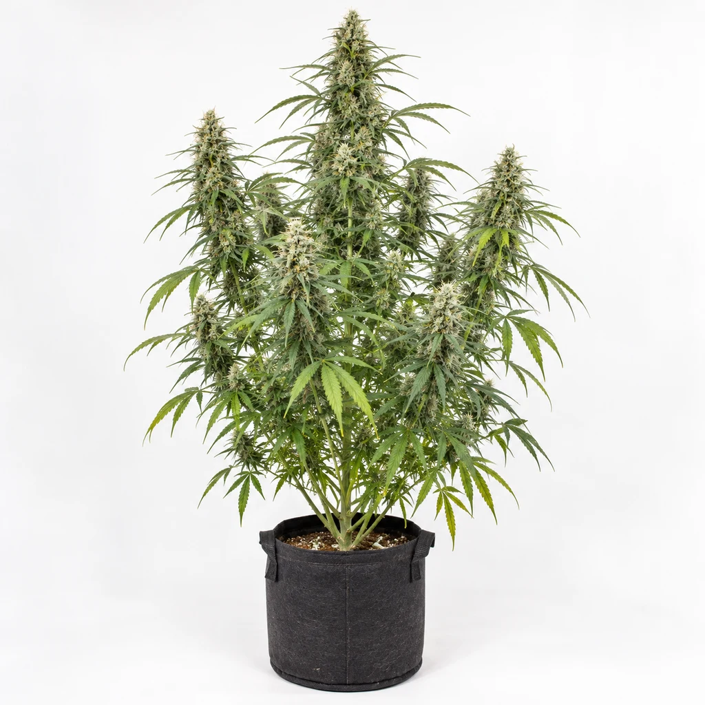 Ilustración de una planta de cannabis alta, con cogollos alargados y hojas estrechas en maceta negra, para la ficha de Lebron Haze XXL Auto.