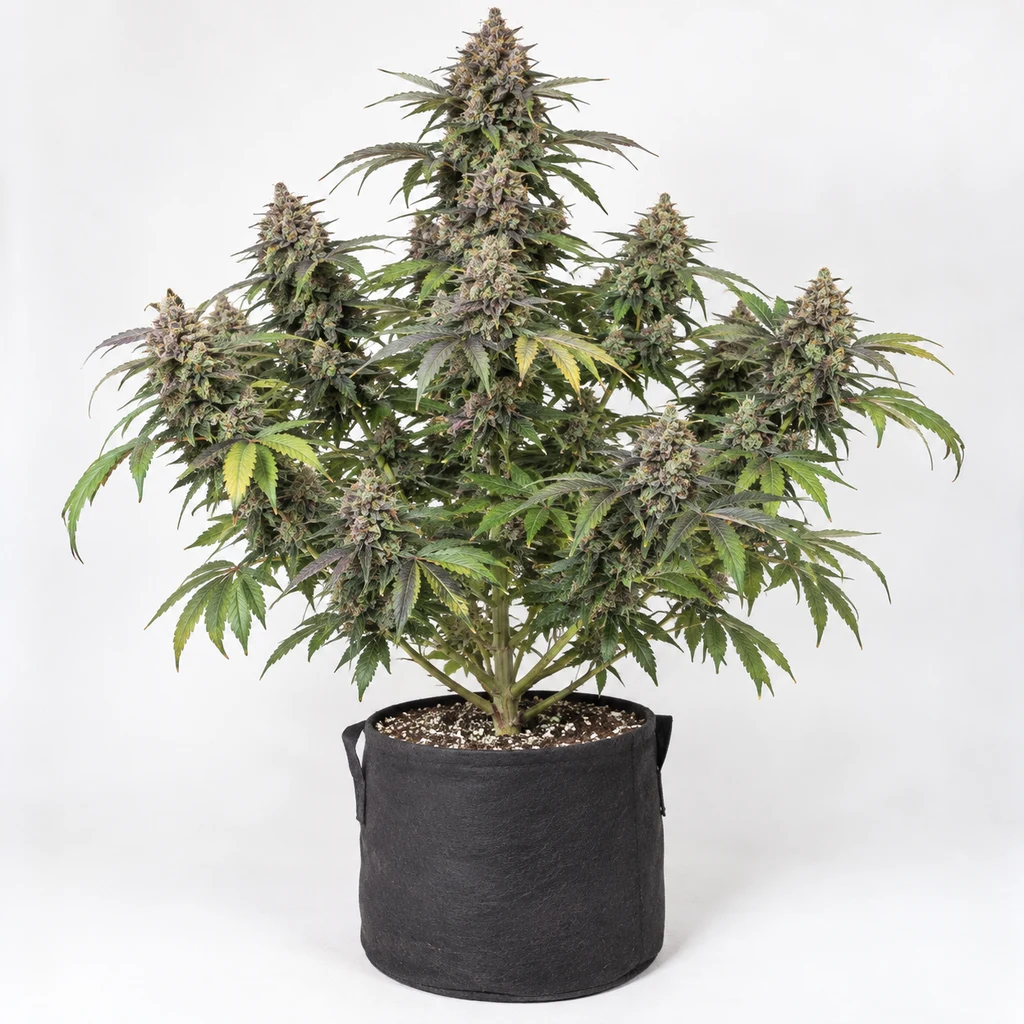 Ilustración de cannabis ramificado con flores de tonos violáceos en maceta negra para la ficha de Mailbox Money Glitter Bomb x Mellowz #8 Feminizada.