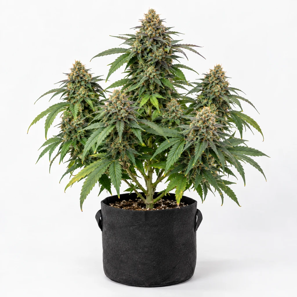 Ilustración de una planta de cannabis con flores densas en maceta negra para la ficha de Fire DOG Feminizada de Advanced Seeds.