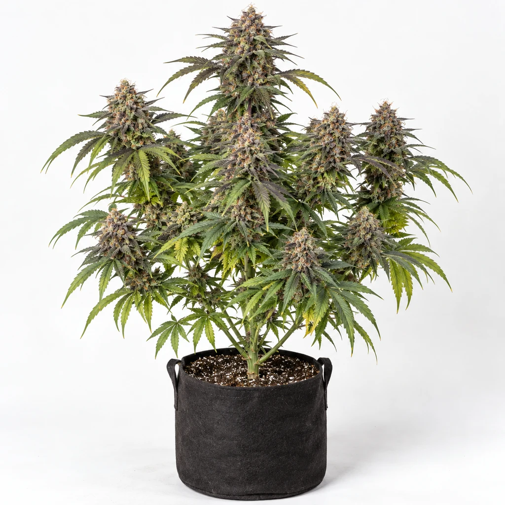 Ilustración de planta con cogollos de tonos morados en maceta negra para la ficha de Biscotti x Zkittlez Regular de Tramuntana Seeds.