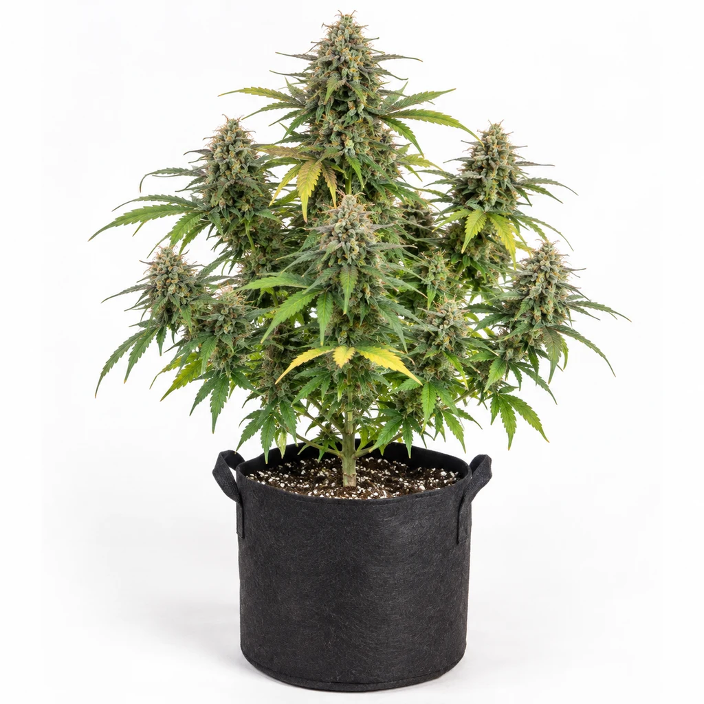 Ilustración de una planta en floración para la ficha de Auto Pineapple Glue, con varias colas florales en una maceta negra con asas.