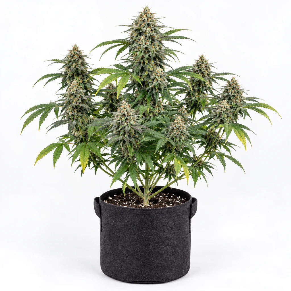 Ilustración de una planta de cannabis con varias colas floridas y hojas verdes y amarillas en maceta negra para la ficha de Olympia Feminizada.