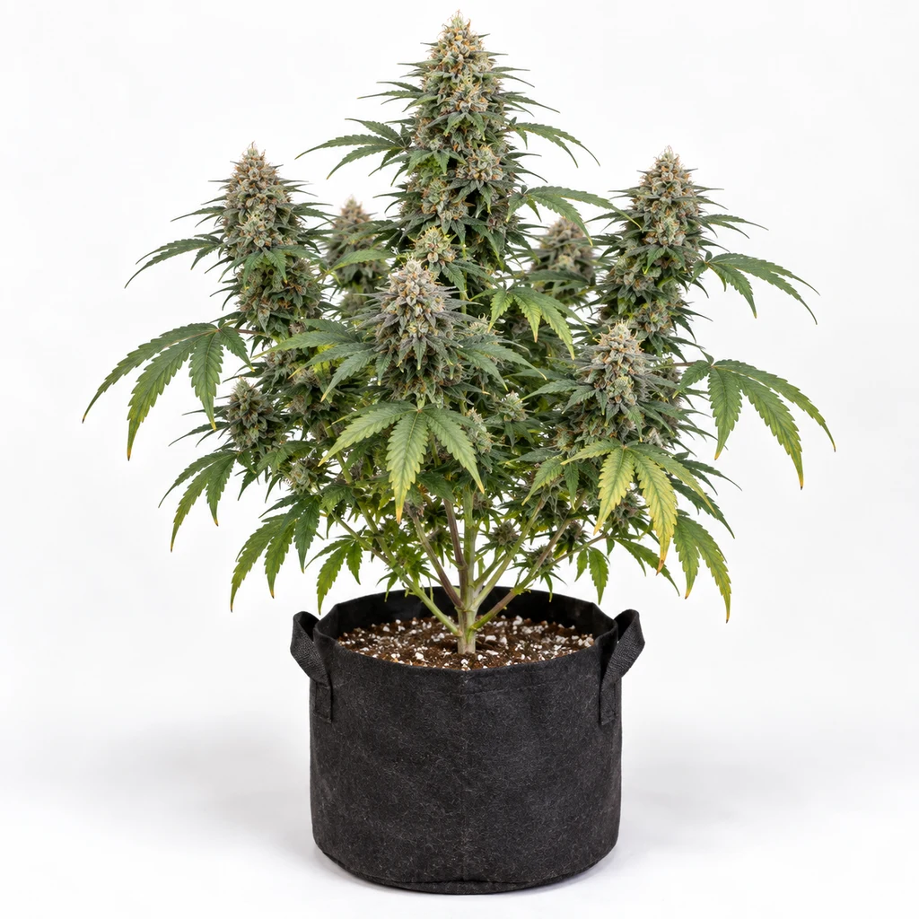 Ilustración de una planta de cannabis en floración para la ficha de Hazemila, con varios cogollos y maceta negra sobre fondo blanco.
