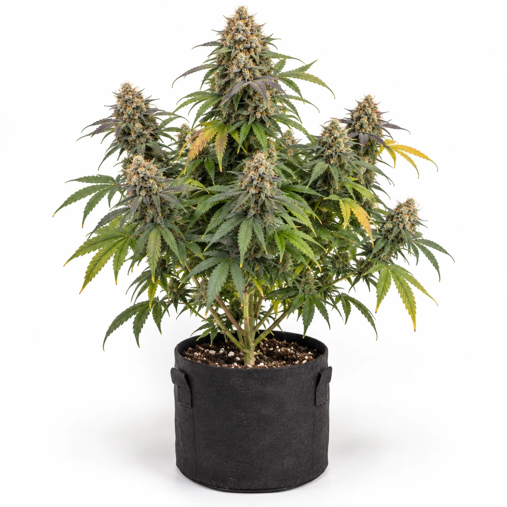 Ilustración de una planta de cannabis en floración para la ficha de Papaya Sour Spritz, con cogollos abundantes y maceta negra.