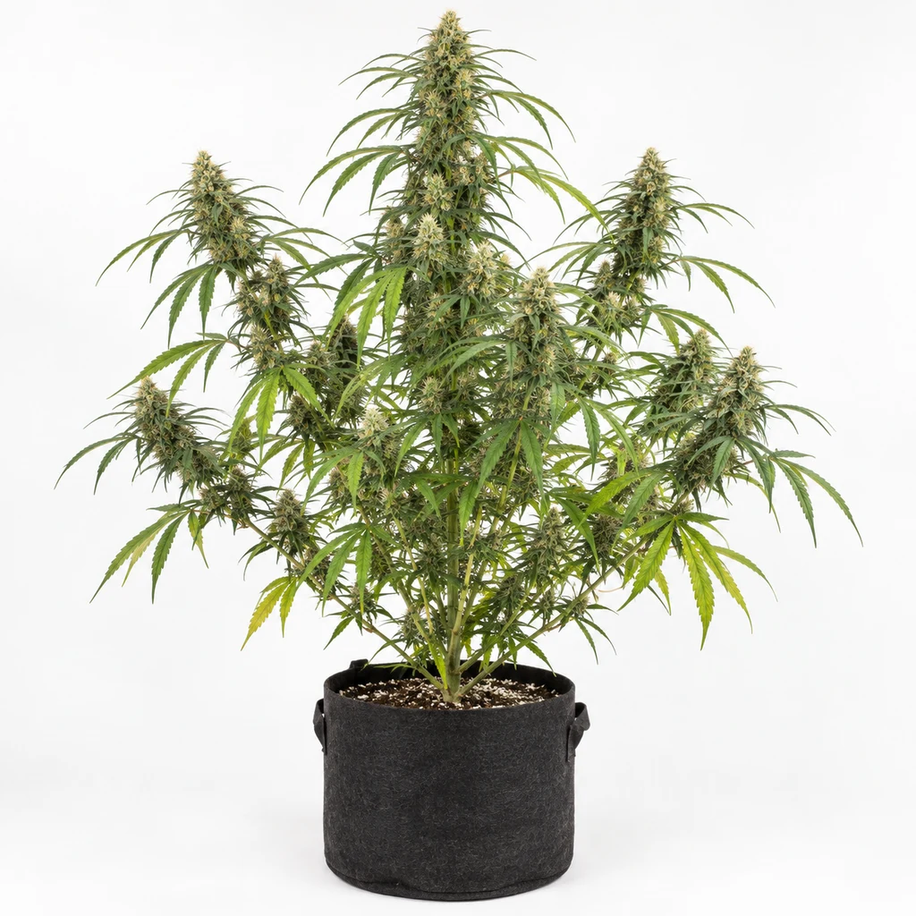 Ilustración de una planta ramificada en floración para la ficha de Thai x Panama Regular, en maceta negra sobre fondo blanco.