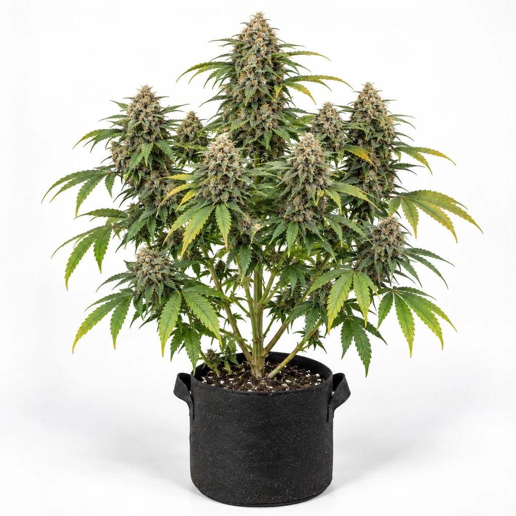 Ilustración de una planta en floración para la ficha de LA Cookies Feminizada, con cogollos y hojas verdes en una maceta negra.