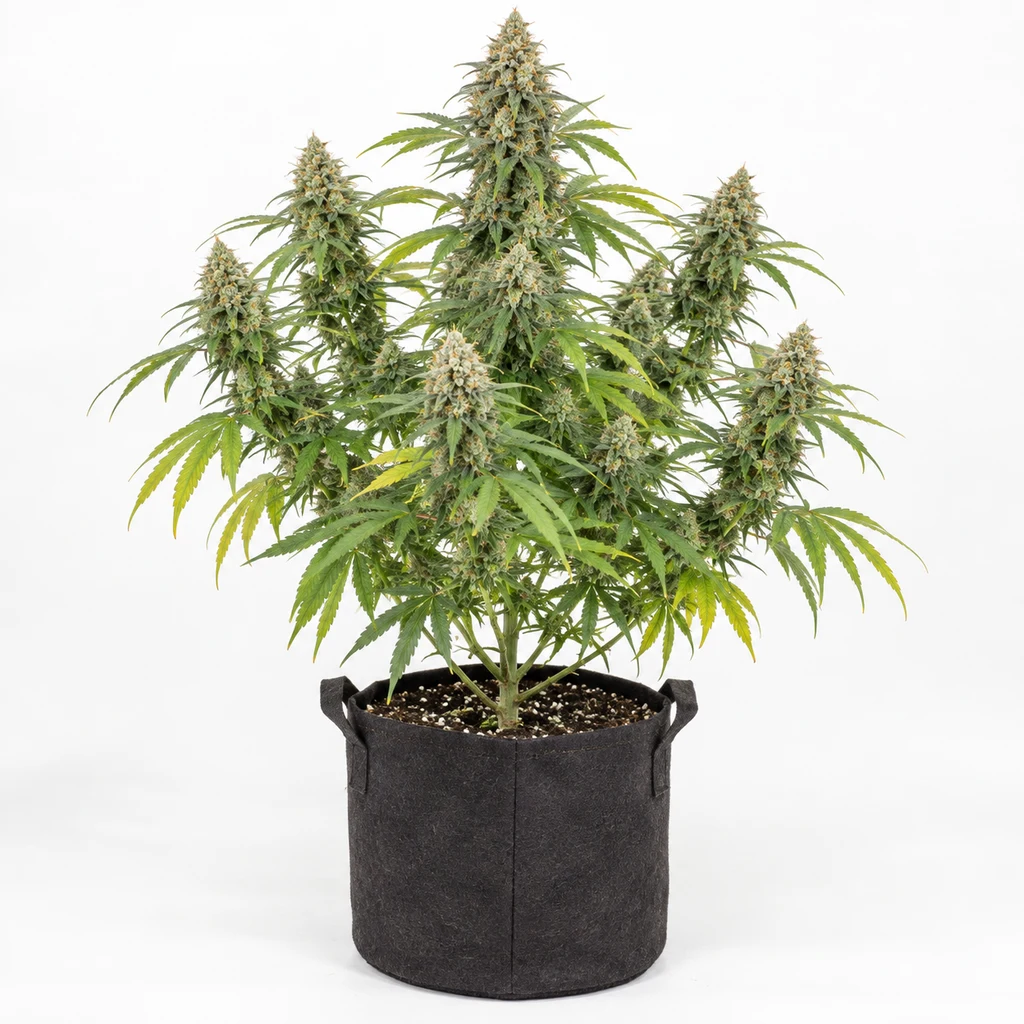 Ilustración de una planta de cannabis en floración en maceta negra para la ficha de Durban Z F1 Hybrid Feminizada de Barney's Farm. Ilustración de una planta de cannabis en floración en maceta negra para la ficha de Durban Z F1 Hybrid Feminizada de Barney's Farm.