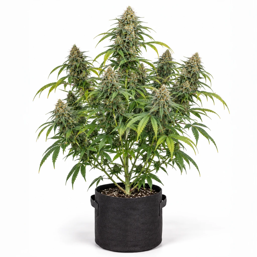 Ilustración de una planta de cannabis en maceta negra, con abundantes flores, para la ficha de Nebula Feminizada de Paradise Seeds.