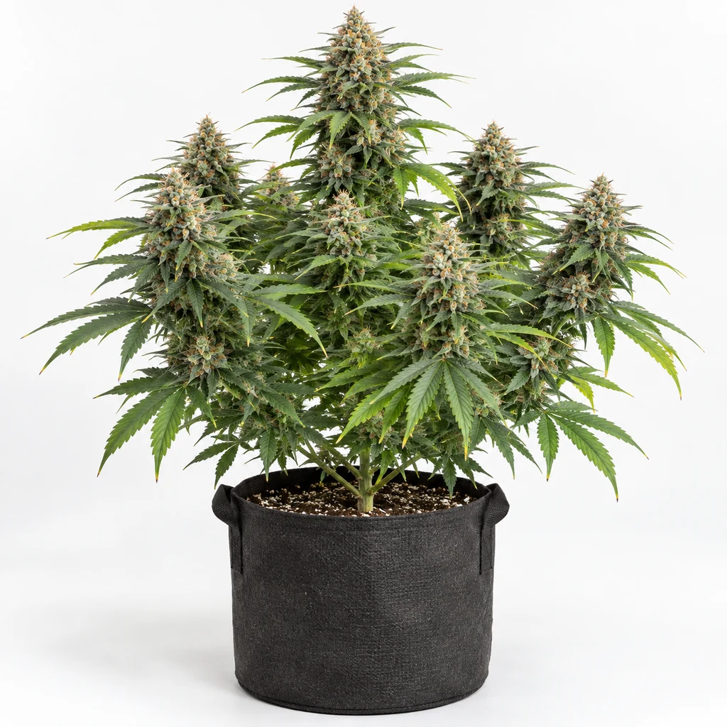 Ilustración de una planta de cannabis para la ficha de King’s Kush Auto, con varias ramas floridas y hojas verdes en una maceta negra.