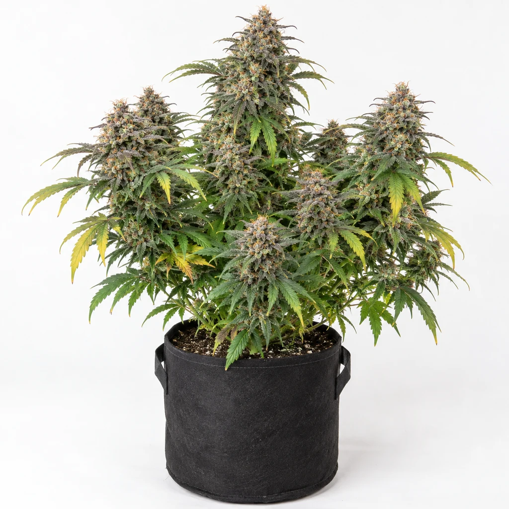 Ilustración de una planta con cogollos voluminosos y hojas verdes y amarillas en maceta negra para la ficha de Auto Lemon Cherry Cookies.