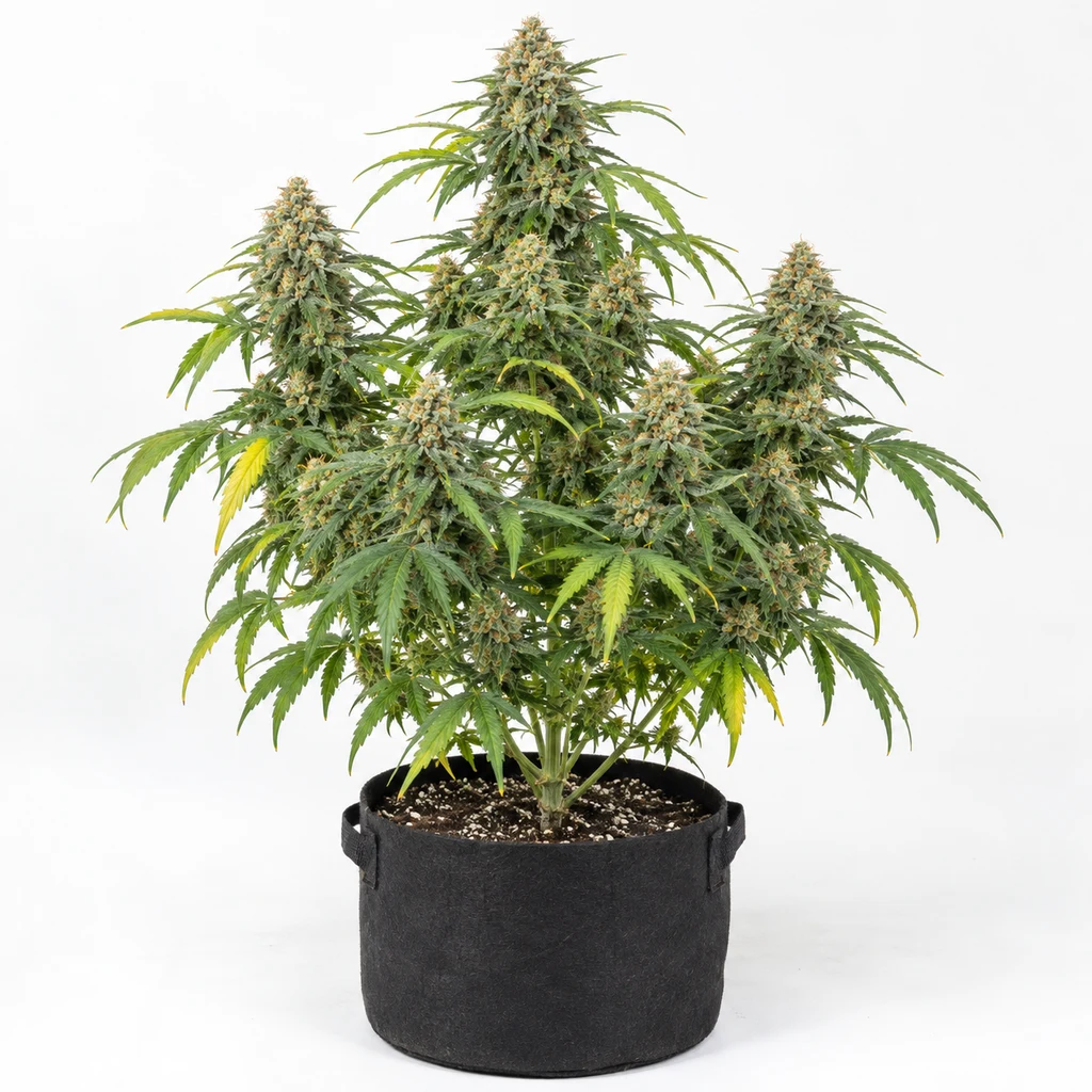 Ilustración de una planta de cannabis en floración para la ficha de Trainwreck Feminizada, con varias flores y maceta negra sobre fondo blanco.