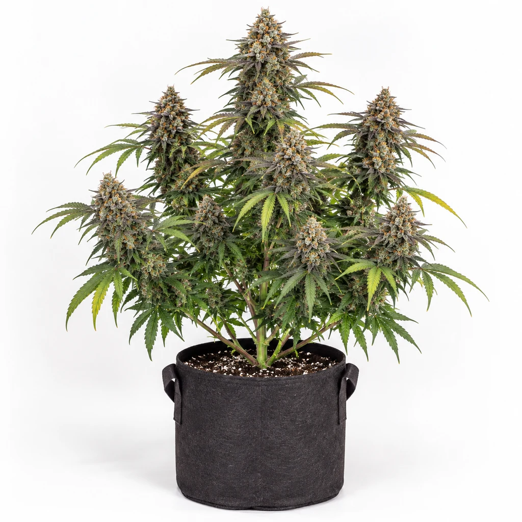 Ilustración de una planta de cannabis con abundantes cogollos en maceta negra para la ficha de Lemon Cherry Sherb Feminizada.