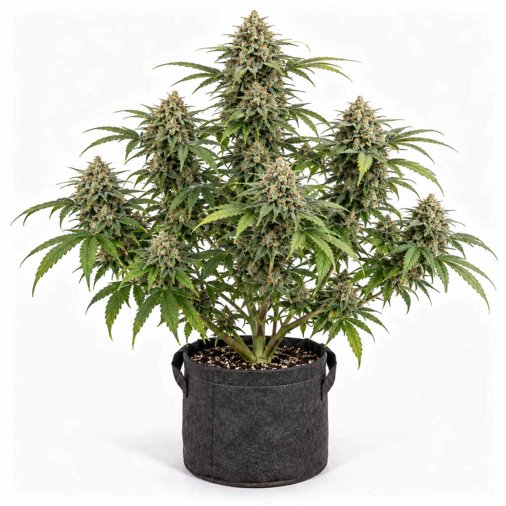 Ilustración de una planta de cannabis con abundantes flores en maceta de tela oscura para la ficha de Gorilla Cookies Feminizada de Pure Instinto.
