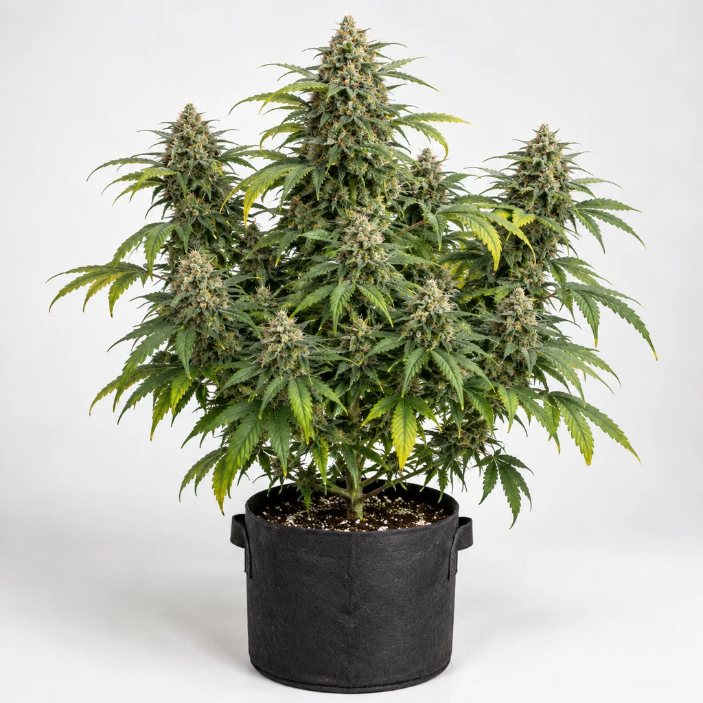 Ilustración de una planta en floración para la ficha de Champions Cheese, con varios cogollos y hojas verdes y amarillas en maceta negra.