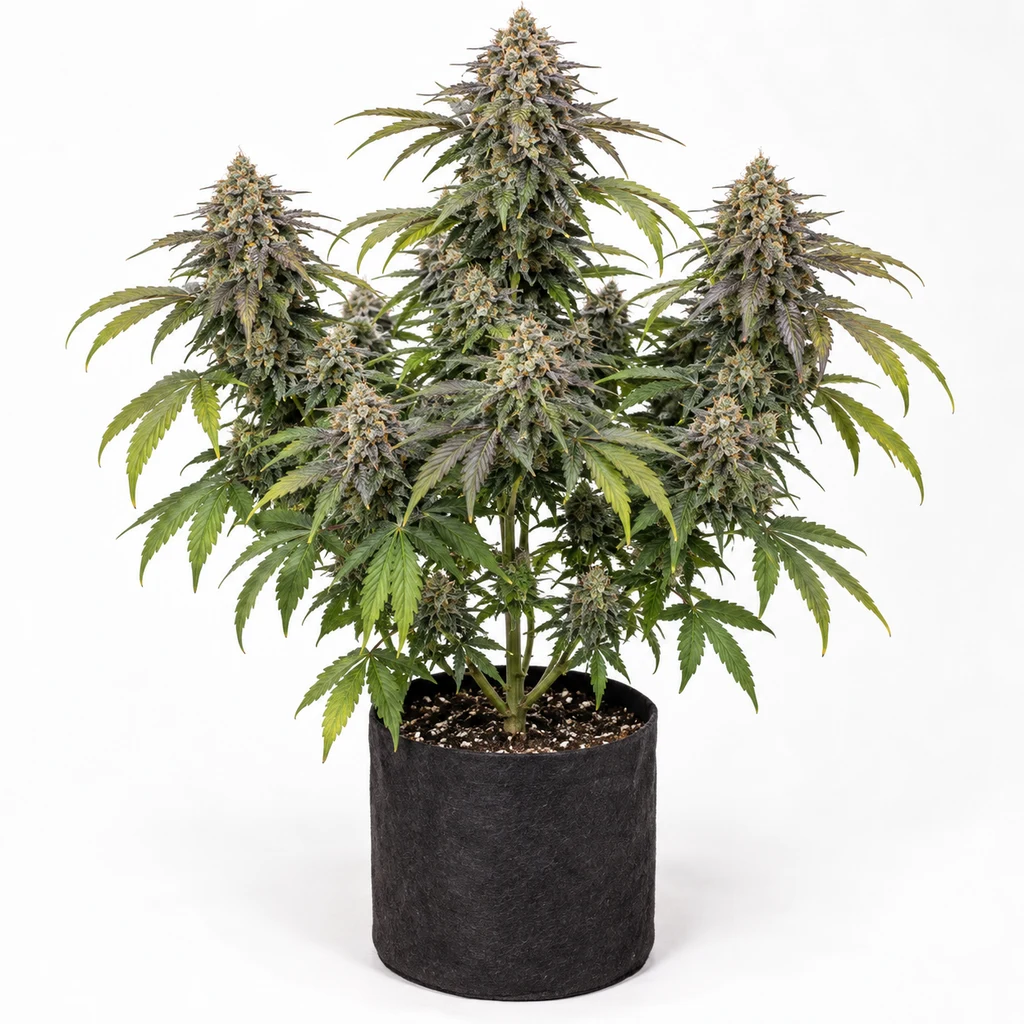 Ilustración de una planta en floración para la ficha de Gary Payton x Sour Face, con cogollos voluminosos y maceta negra.