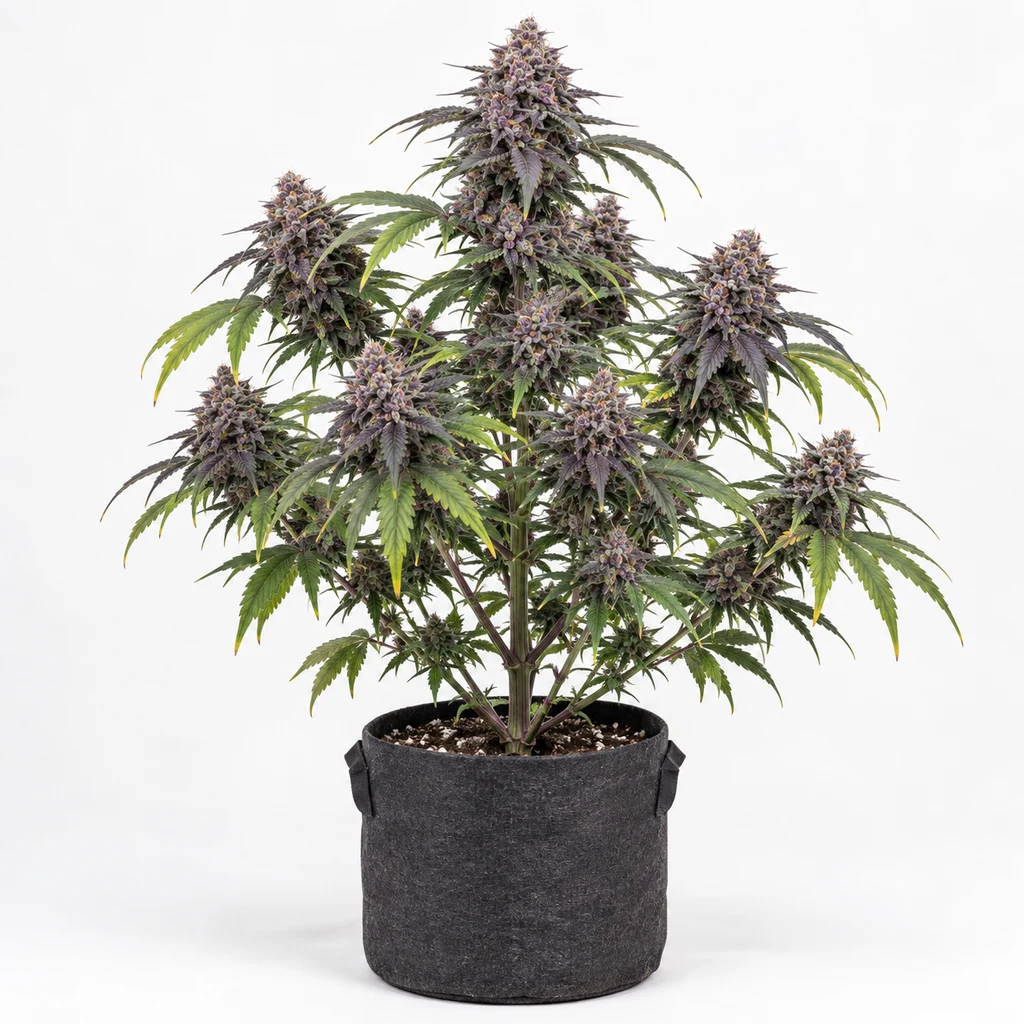 Ilustración de una planta de cannabis con flores moradas en maceta para la ficha de Sunset Zerealz Feminizada.