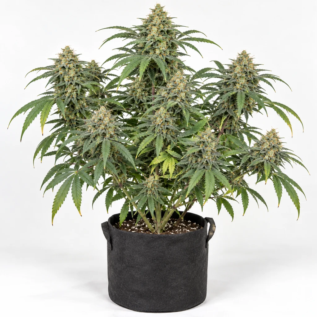 Ilustración de una planta de cannabis en floración en maceta negra, con varias ramas y cogollos, para la ficha de Notorious THC Feminizada.