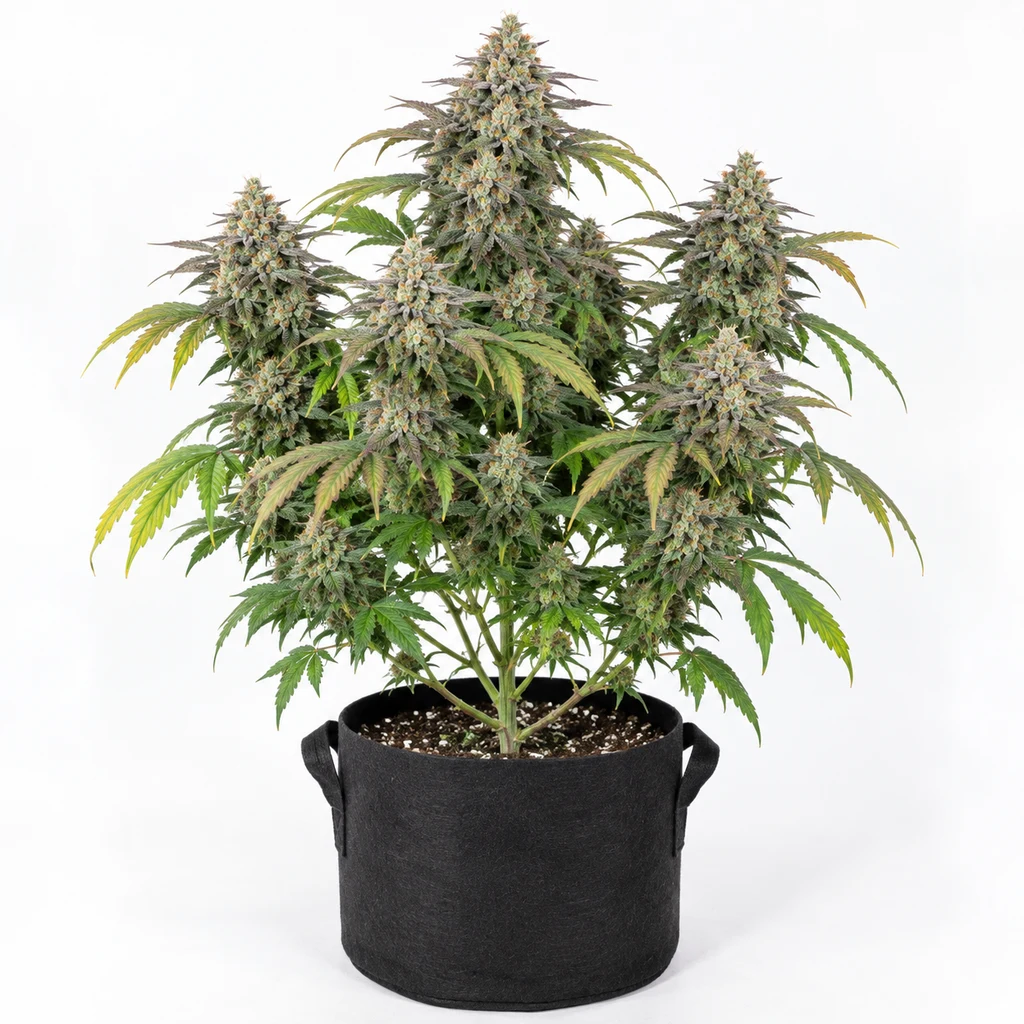 Ilustración de una planta en floración para la ficha de Auto Gelato #33, con varios cogollos y maceta negra sobre fondo blanco.