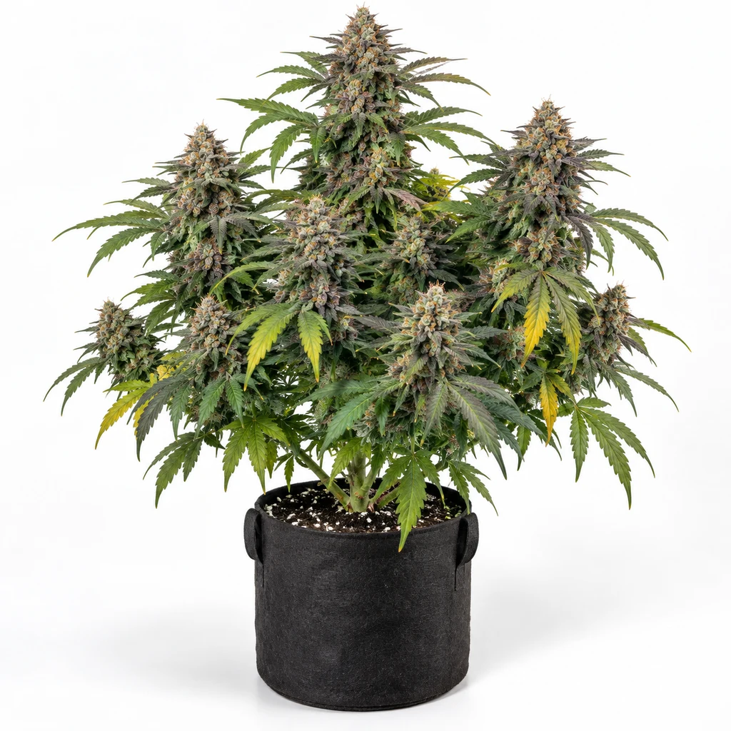 Ilustración de una planta de cannabis en floración en maceta negra, con hojas verdes y amarillas, para la ficha de Peach Sherbet OG.