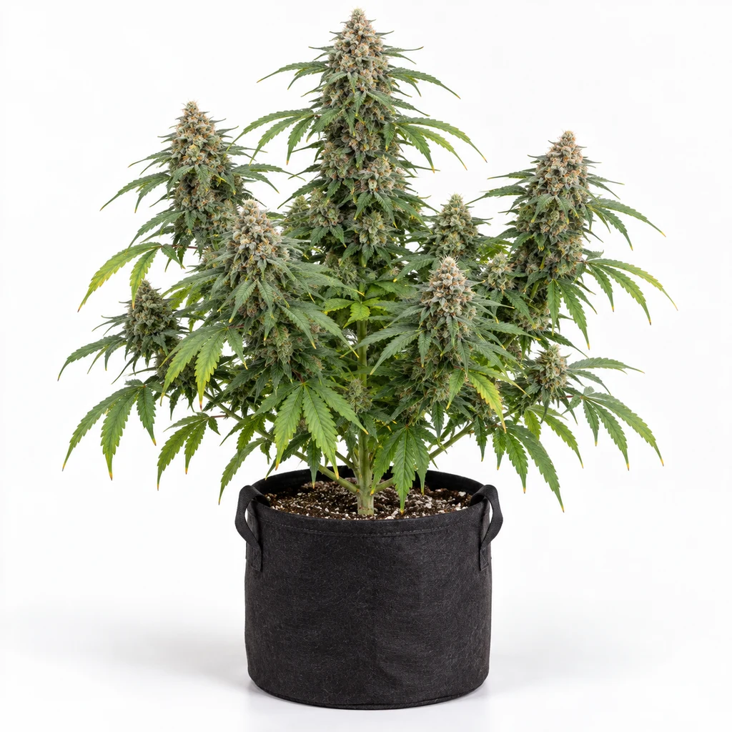 Ilustración de una planta de cannabis para la ficha de Maltezerz, con cogollo central alto y ramas floridas en maceta negra con asas.