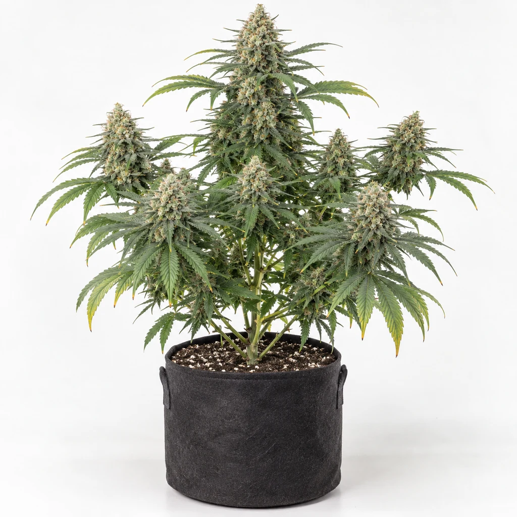 Ilustración de una planta de cannabis con cogollos voluminosos en maceta negra para la ficha de White Widow + Feminizada.