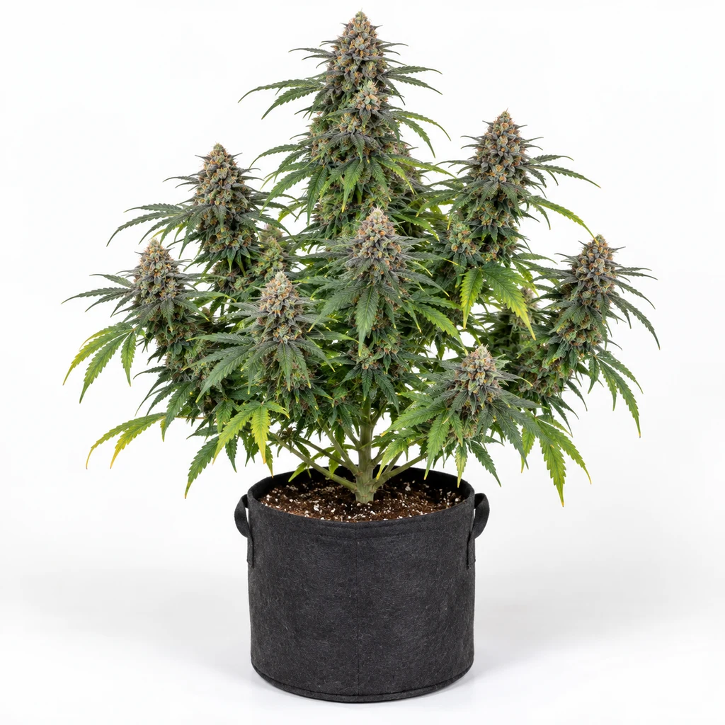 Ilustración de una planta de cannabis en floración para la ficha de Sticky Boof Feminizada, con varios cogollos y maceta negra sobre fondo blanco.