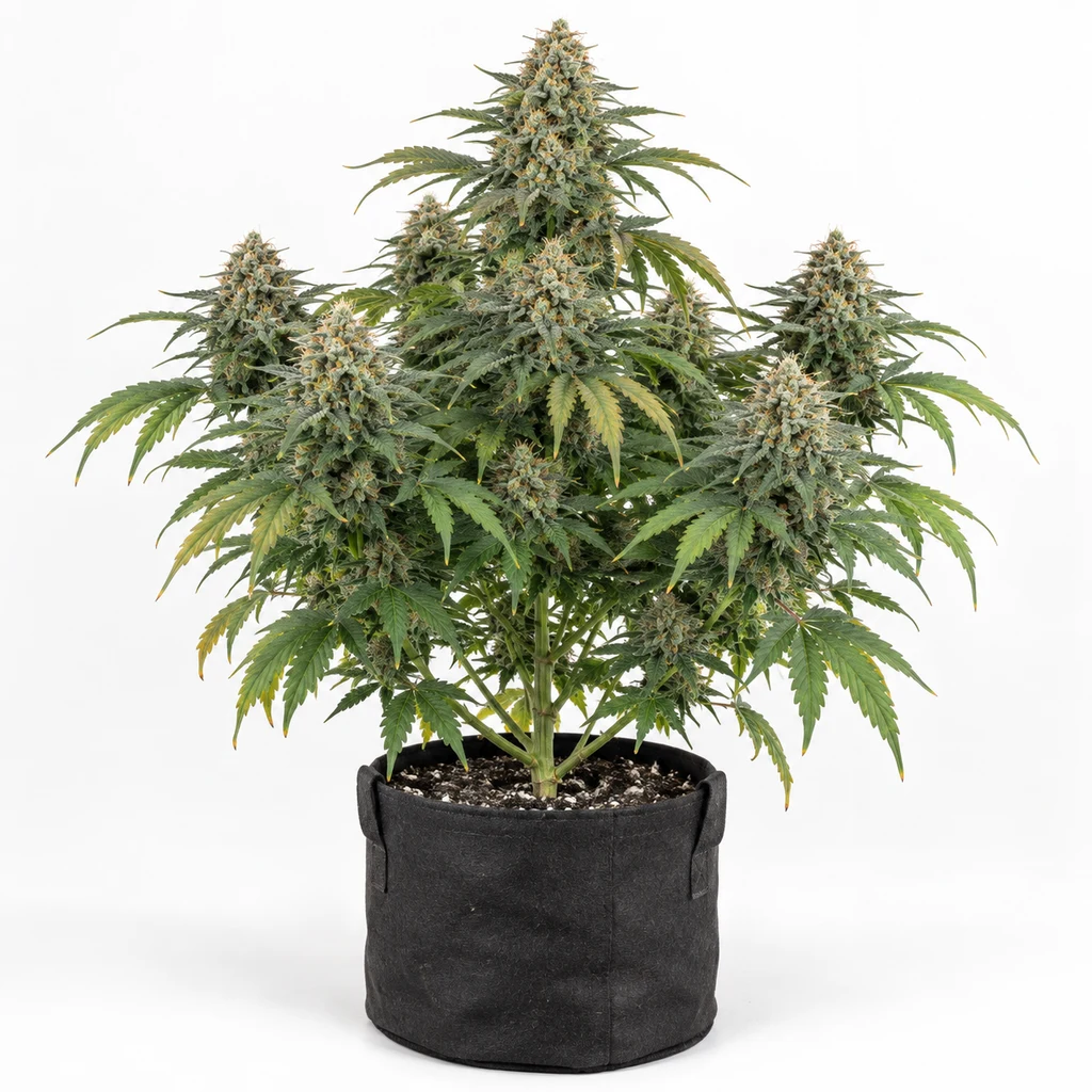 Ilustración de una planta de cannabis en floración para la ficha de Super Critical Bud CBD, con varios cogollos y maceta negra sobre fondo blanco.