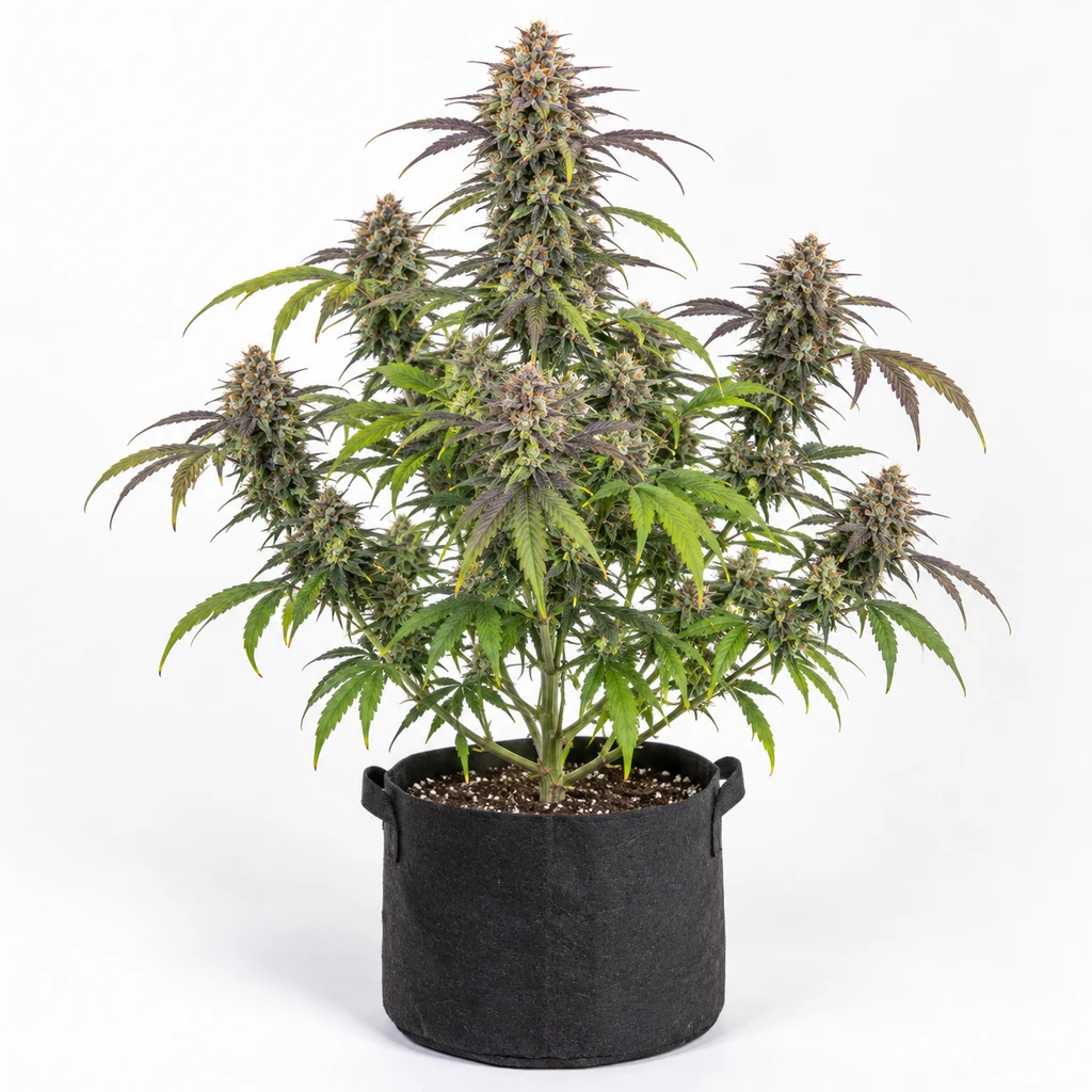 Ilustración de una planta en floración para la ficha de Auto Red Tropicana Cookies, con hojas verdes y moradas en una maceta negra.