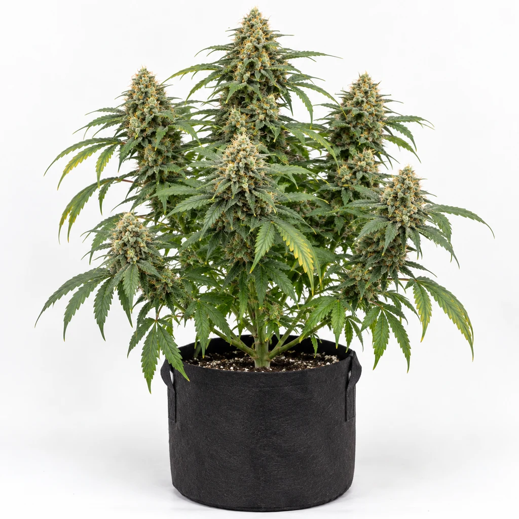 Ilustración de una planta de cannabis en floración para la ficha de Mix Pack Fem, con varios cogollos y maceta negra de tela.