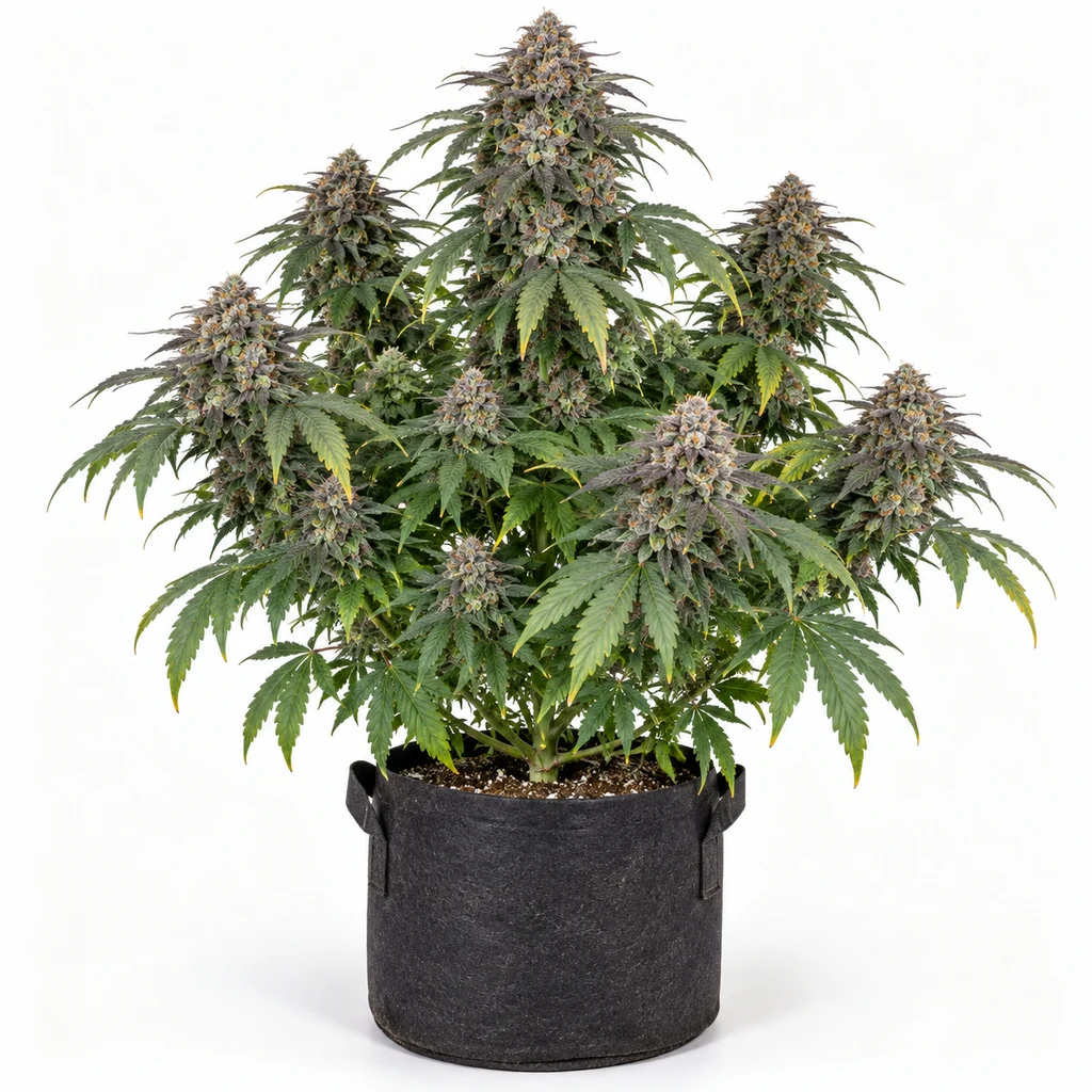 Ilustración de una planta de cannabis en maceta negra, con flores voluminosas y tonos morados, para la ficha de Frosted Grapes XXL Feminizada.