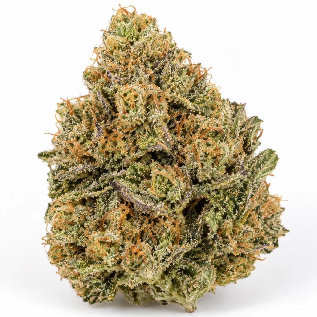 Ilustración de un cogollo verde con hojas oscuras, filamentos anaranjados y recubrimiento blanquecino para la ficha de Lemon Cherry Sundae Auto.
