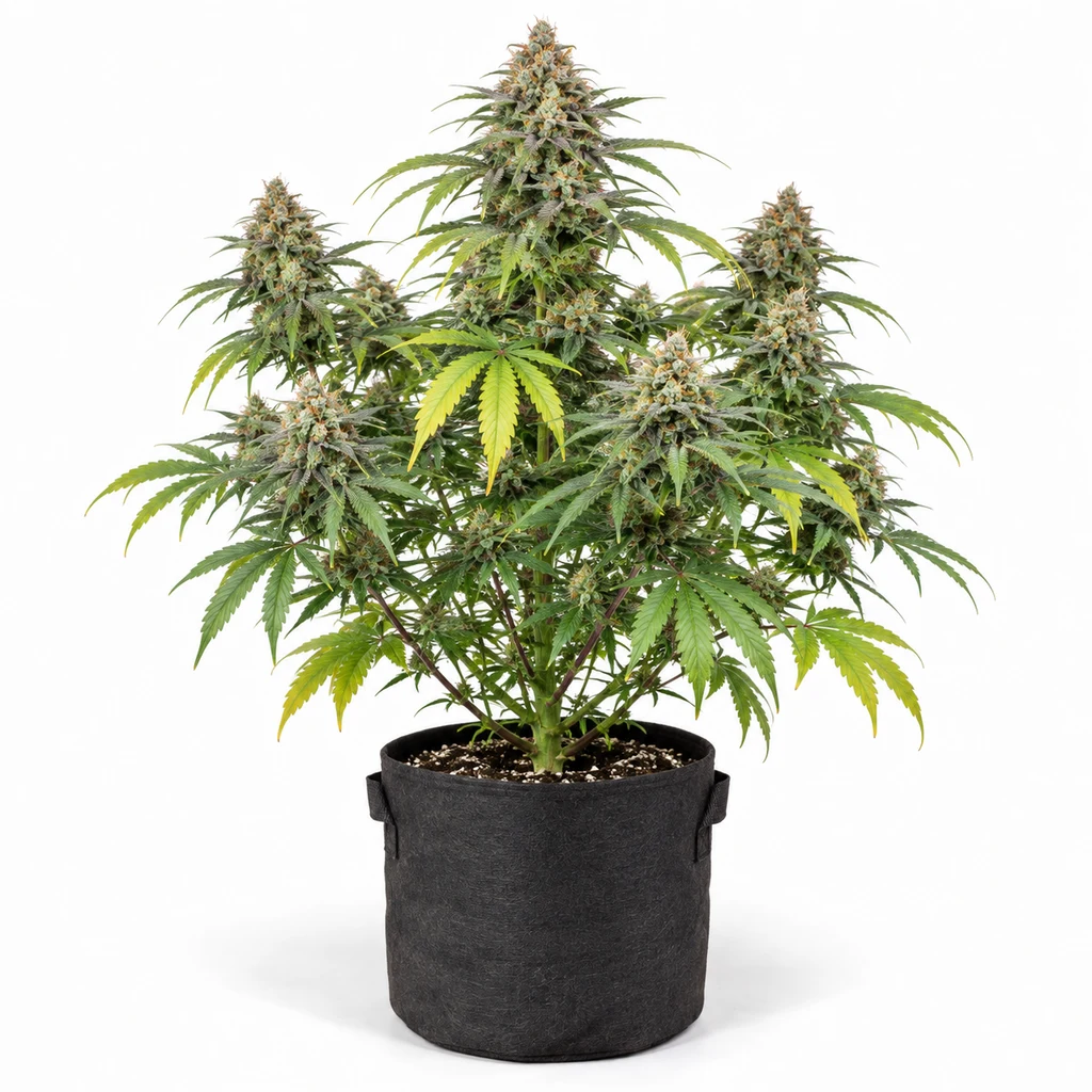 Ilustración de una planta en floración para la ficha de Calamansi Crystal Candy, en maceta negra, con cogollos y hojas verdes y amarillas.